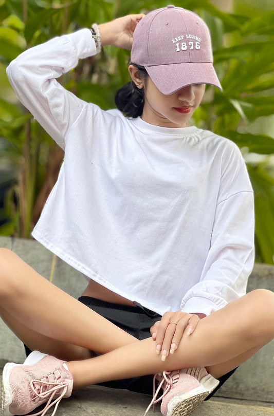 Drop Shoulder Oversized Long Sleeve White Color Short T Shirt | GM196