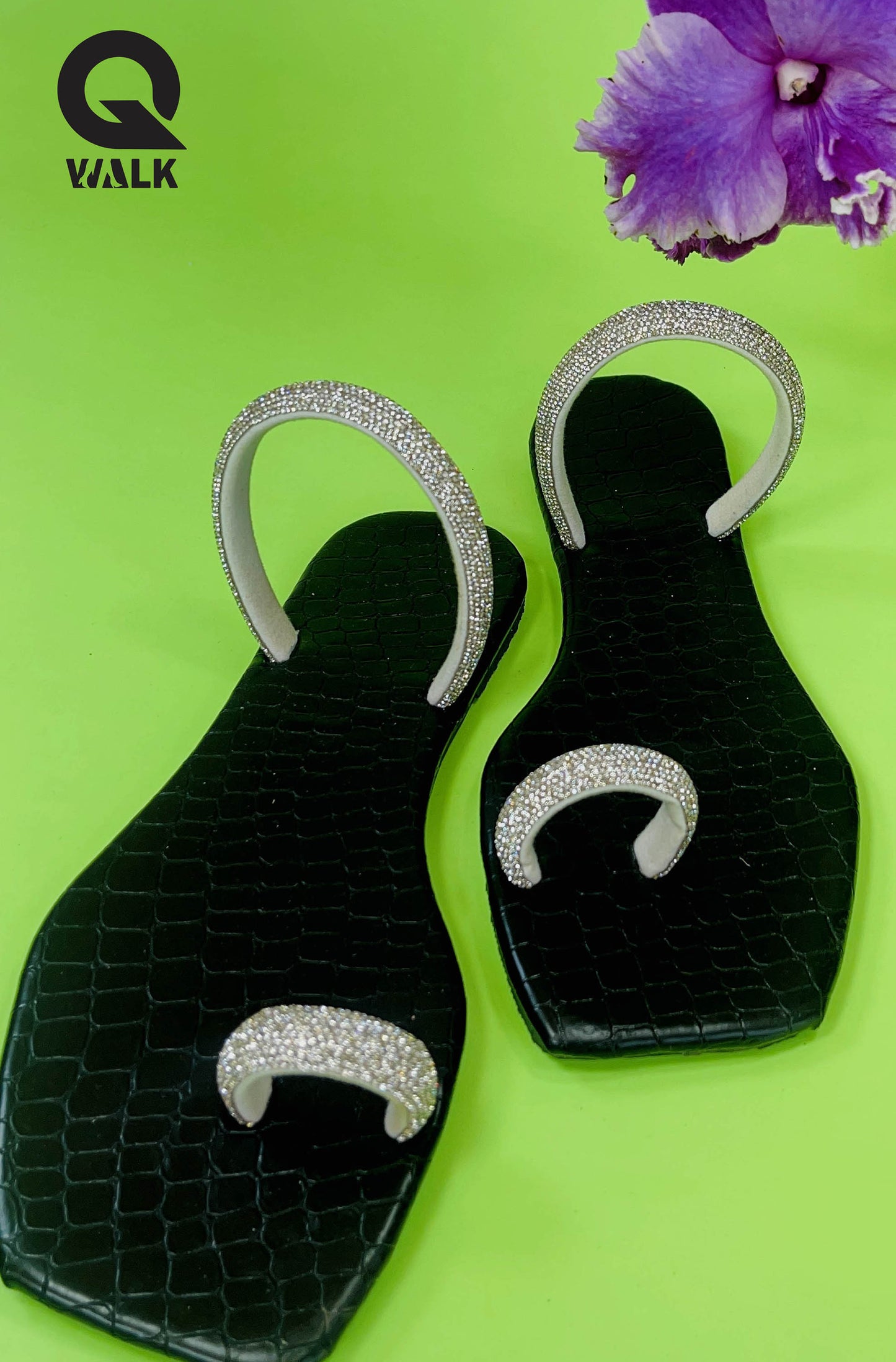 Black Color Silver Shine Straps Toe Ring Slipons - GW202