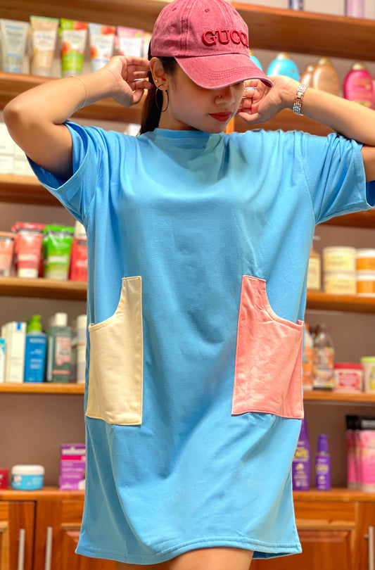 Drop Shoulder Tee Dress Sky Blue Color | GM209