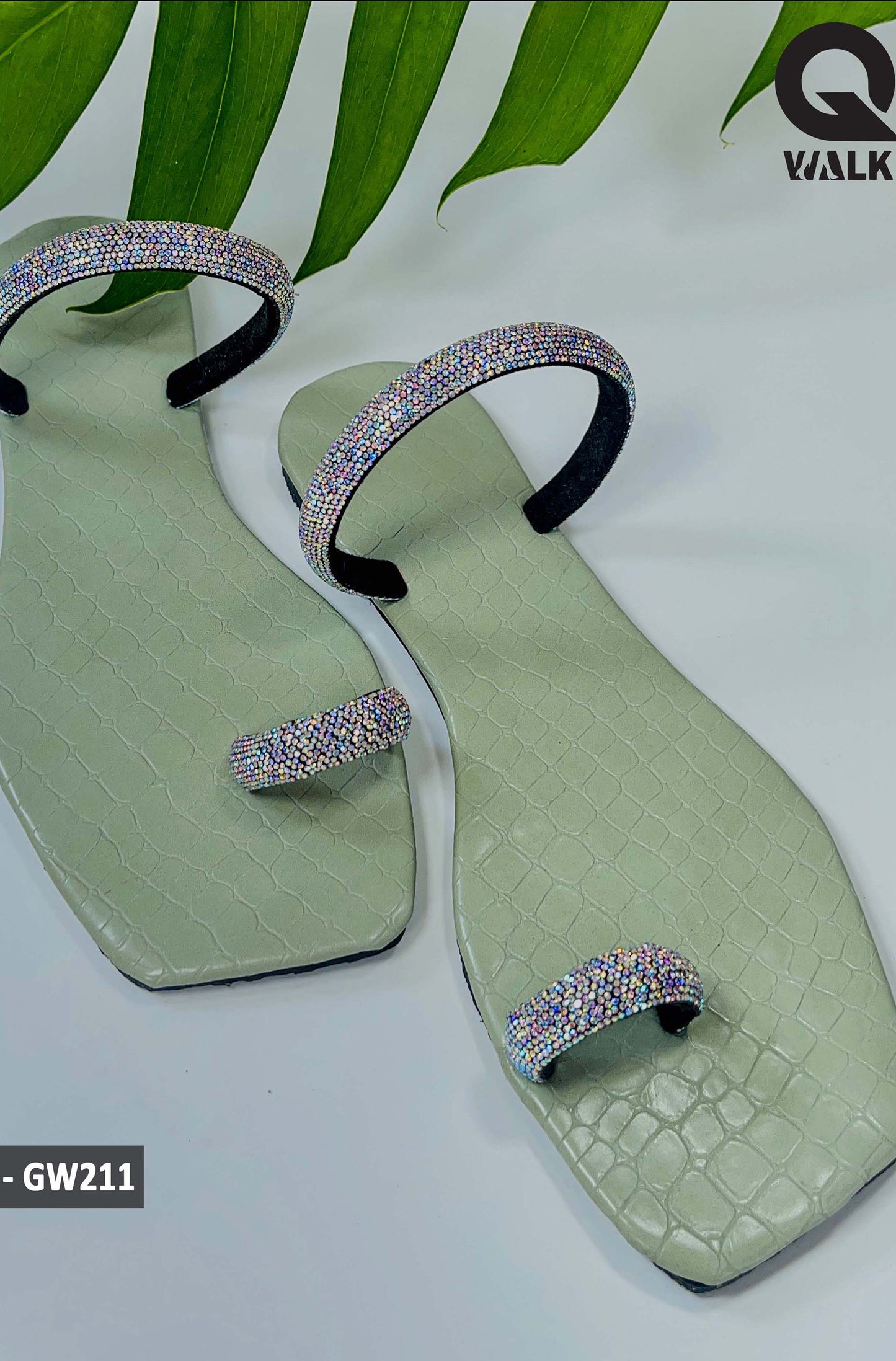 Olive Green Color Sliver Shine Straps Ring Toe Slipon - GW211
