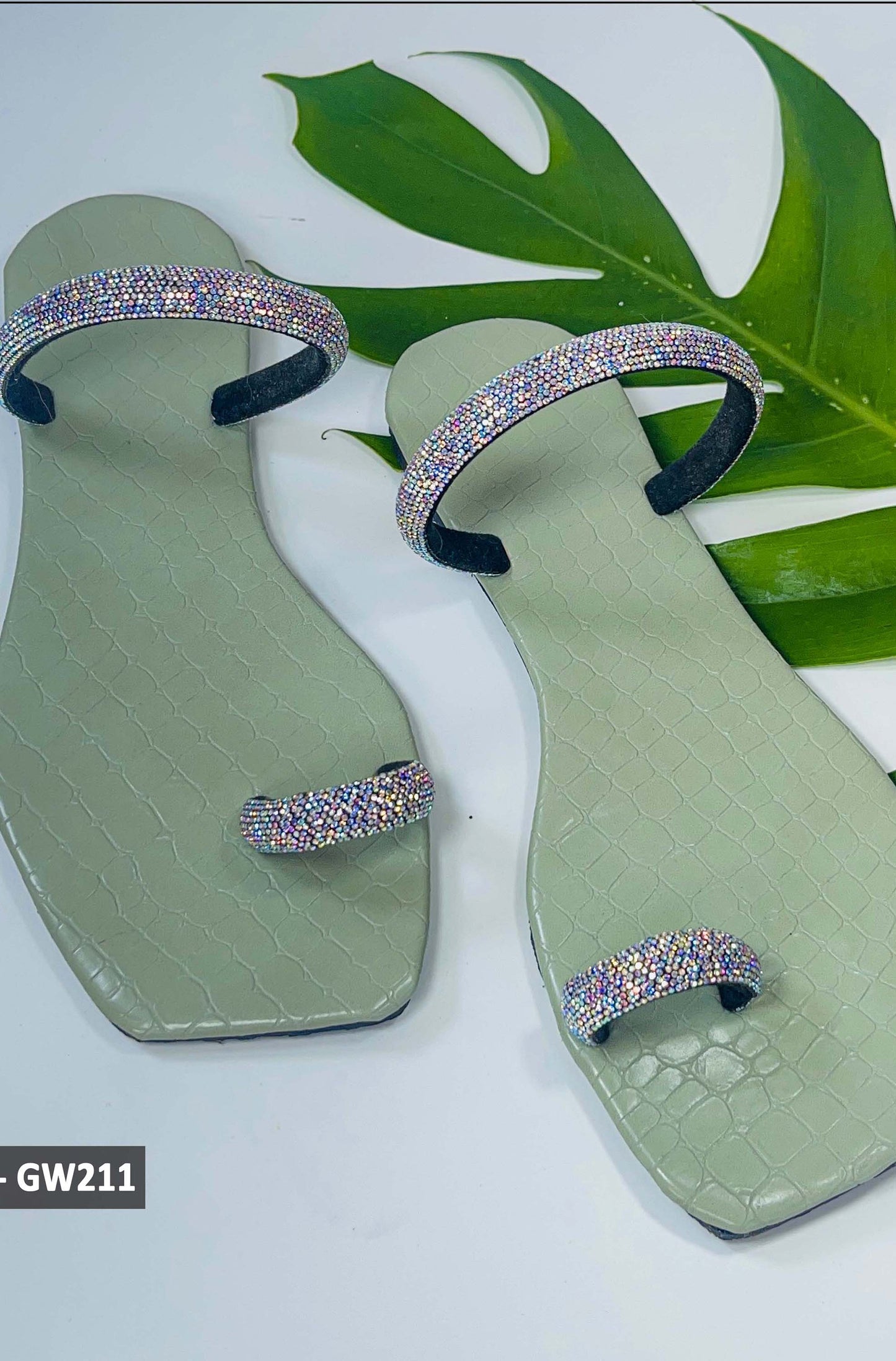 Olive Green Color Sliver Shine Straps Ring Toe Slipon - GW211