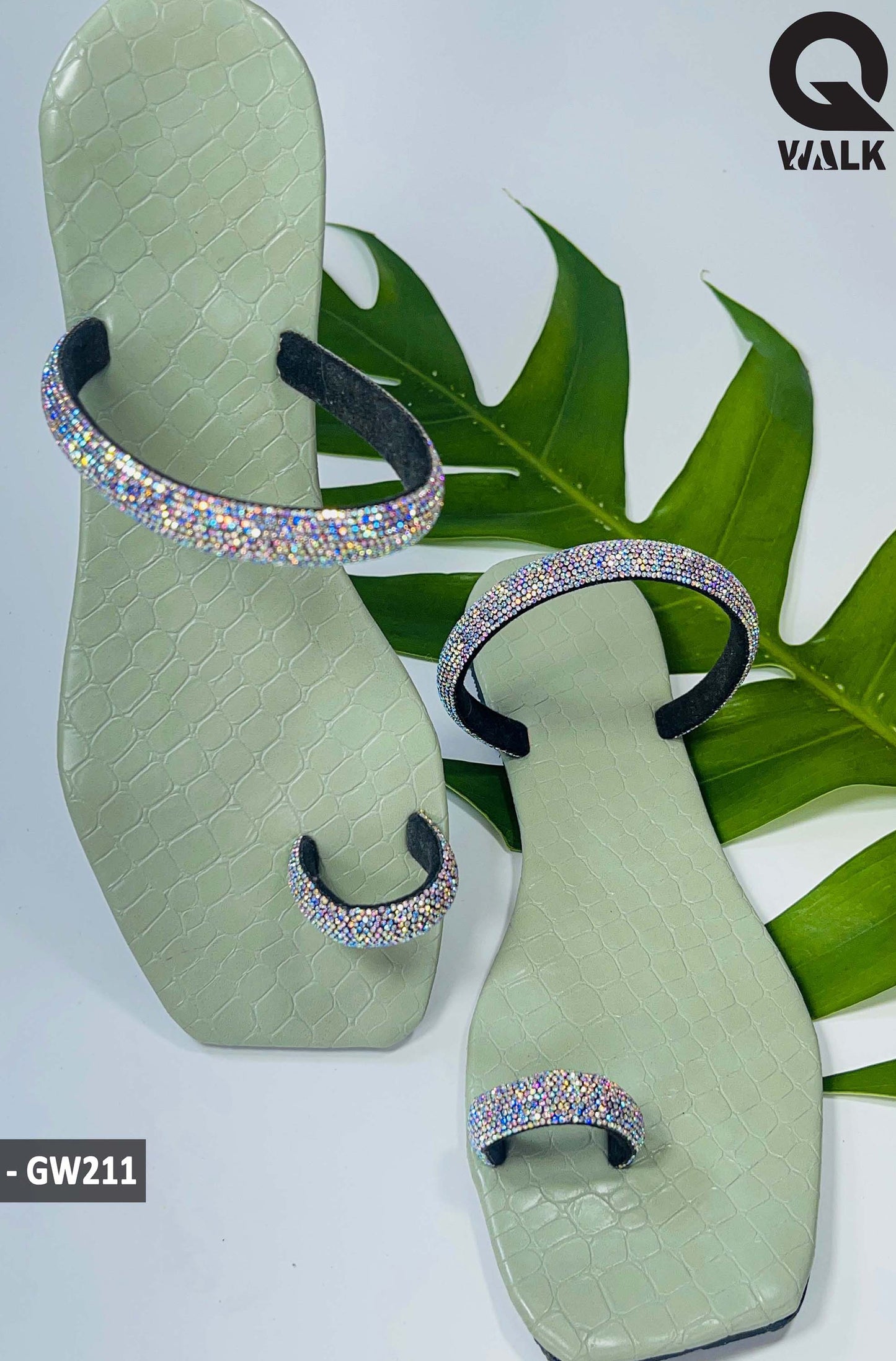 Olive Green Color Sliver Shine Straps Ring Toe Slipon - GW211