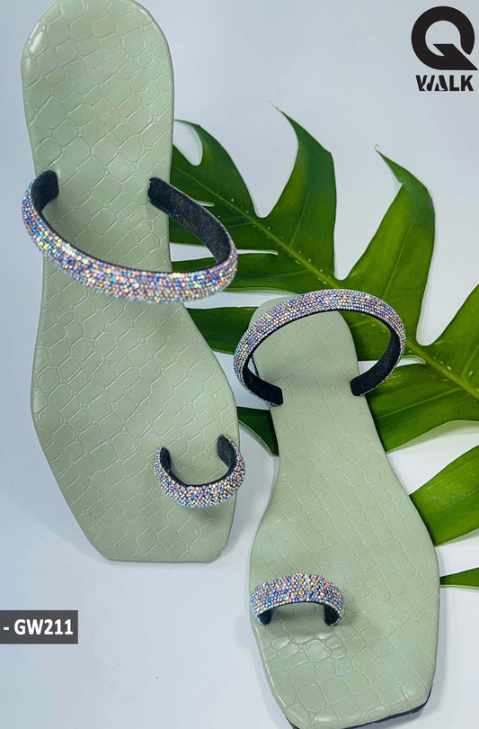 Olive Green Color Sliver Shine Straps Ring Toe Slipon - GW211
