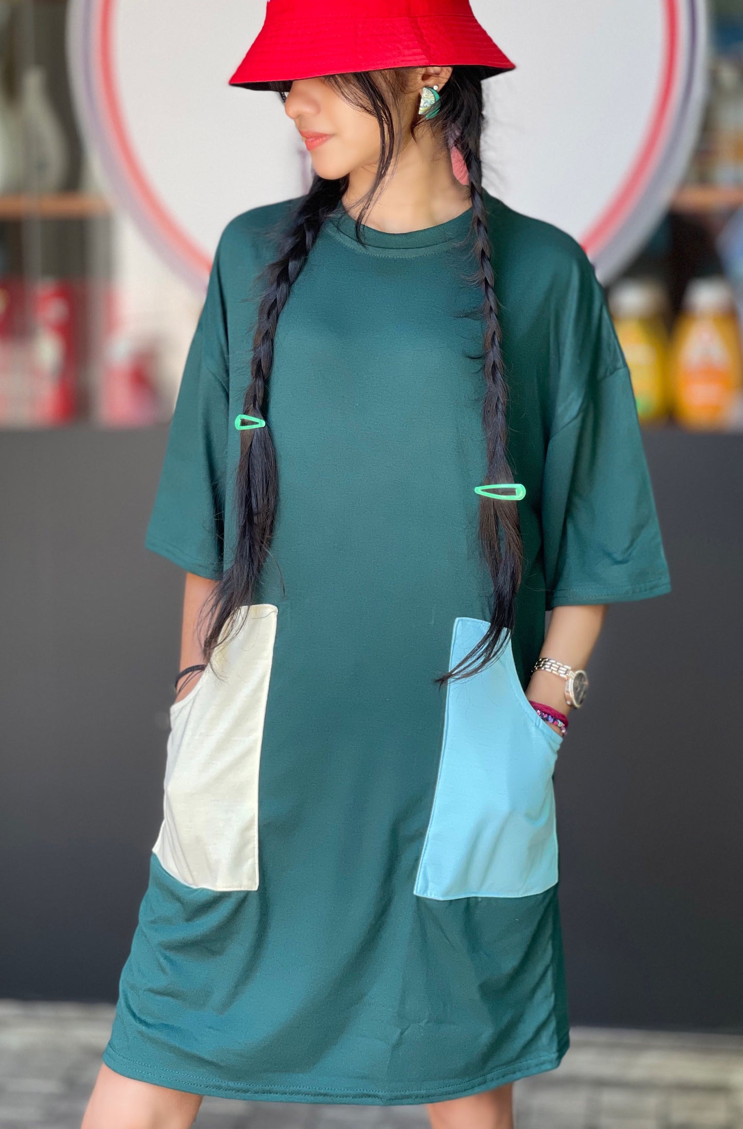 Drop Shoulder Tee Dress Army Green Color | GM214
