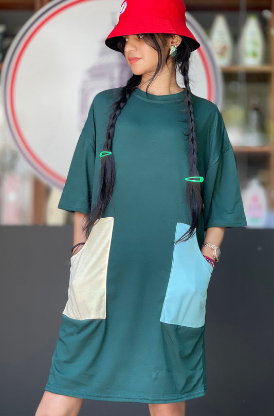 Drop Shoulder Tee Dress Army Green Color | GM214