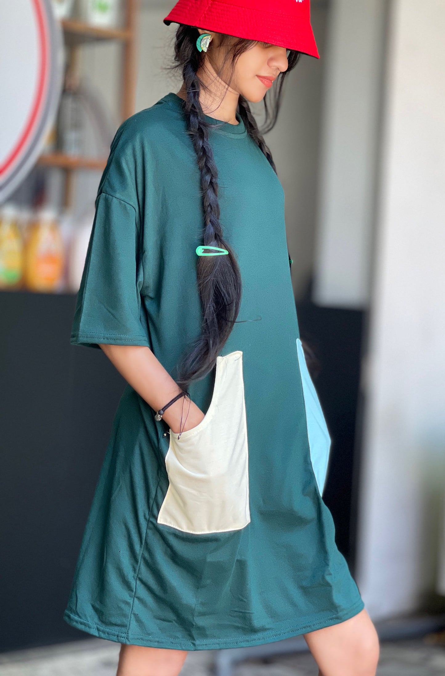 Drop Shoulder Tee Dress Army Green Color | GM214