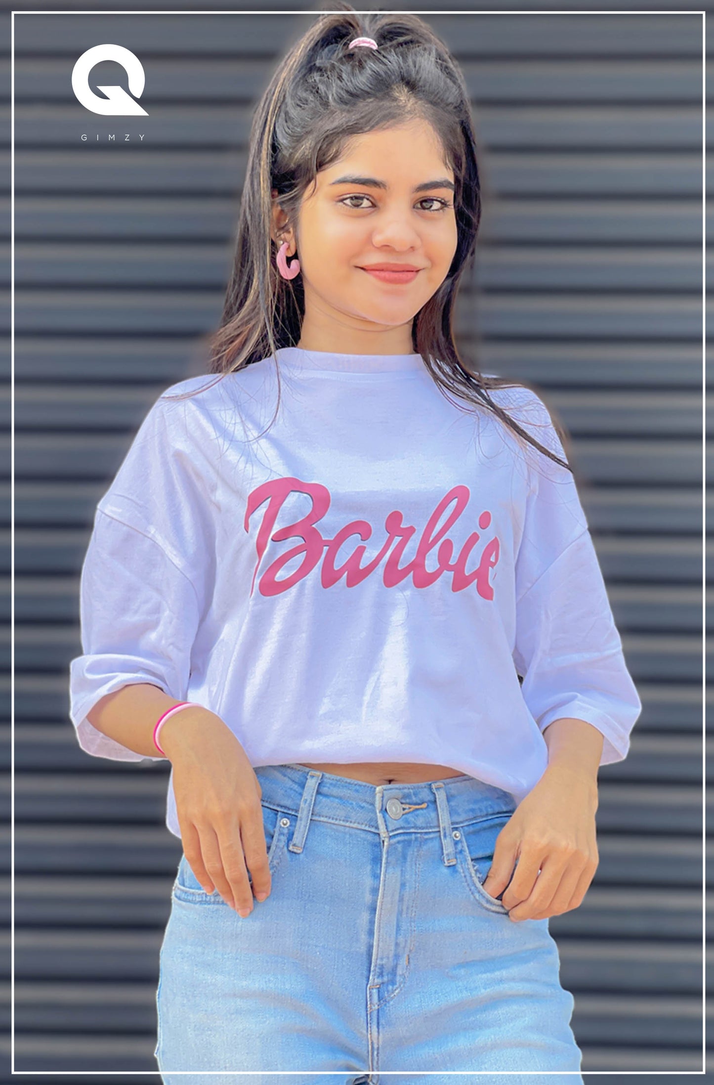Barbie Print White Color Drop Shoulder Tee | GM221