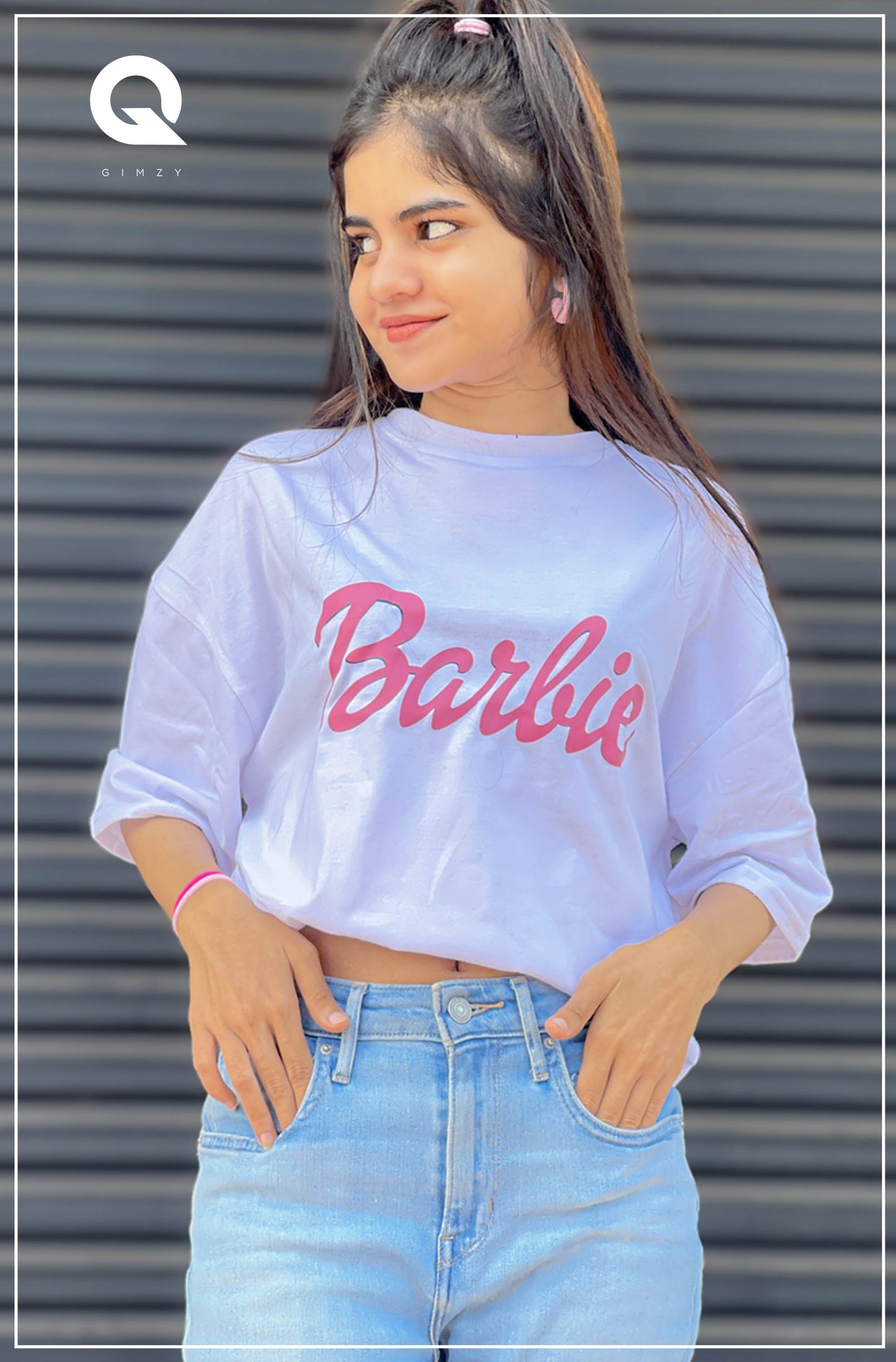 Barbie Print White Color Drop Shoulder Tee | GM221