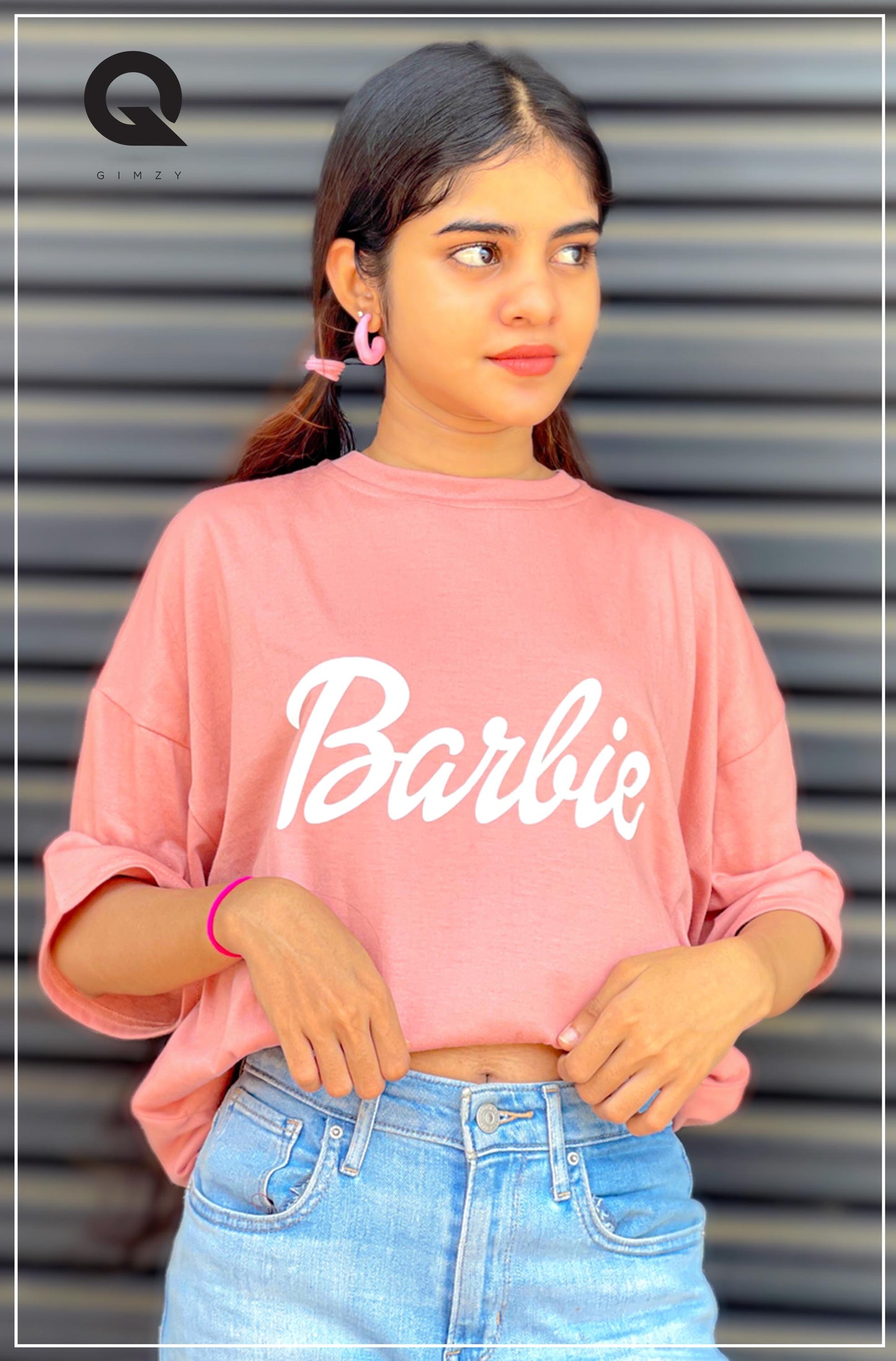 Barbie Print Pastel Pink Color Drop Shoulder Tee | GM224