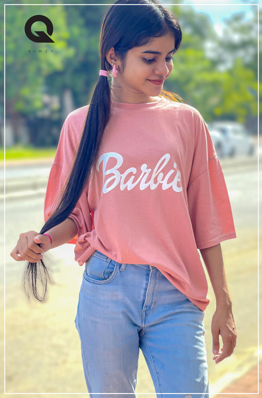 Barbie Print Pastel Pink Color Drop Shoulder Tee | GM224