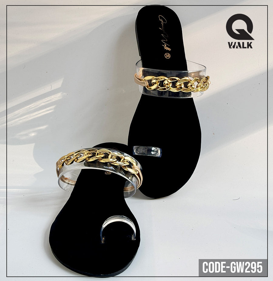 Black Color Flat Slipper with Transparent Straps & Gold Chain | GW295