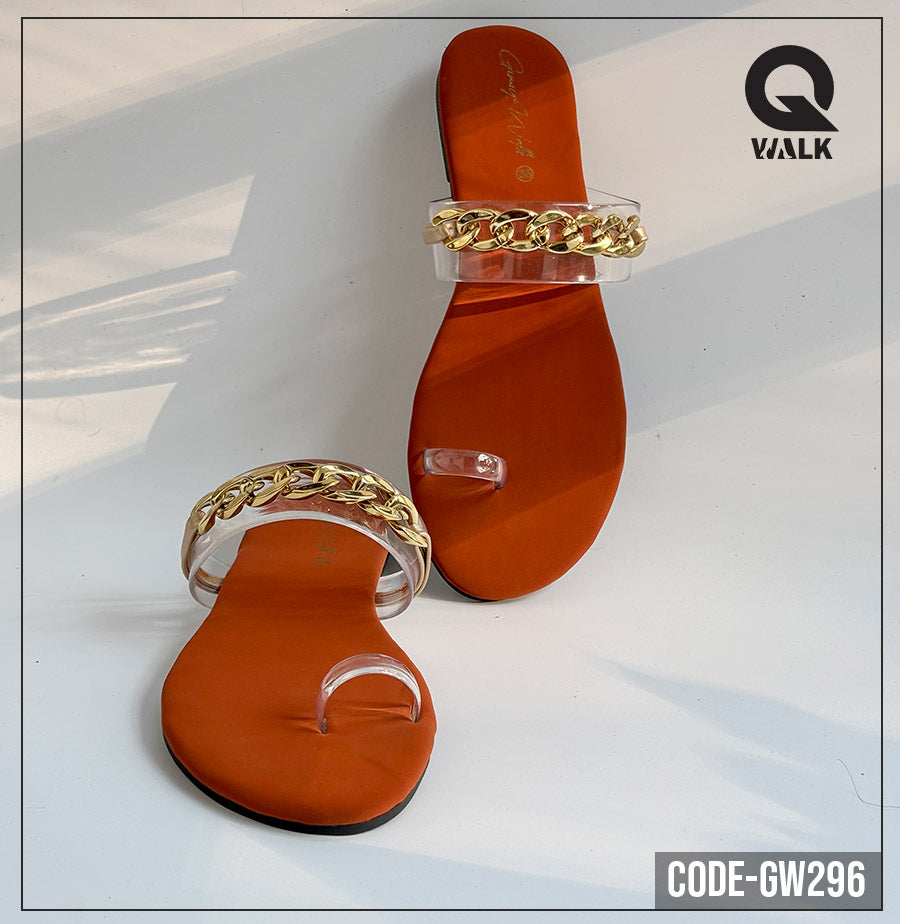 Brown Color Flat Slipper with Transparent Straps & Gold Chain | GW296