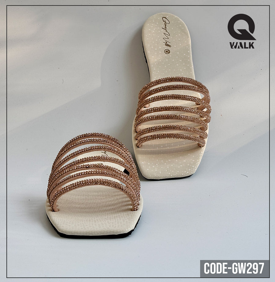 White Color Flat Slipper with Rose Gold Stone Straps| GW297