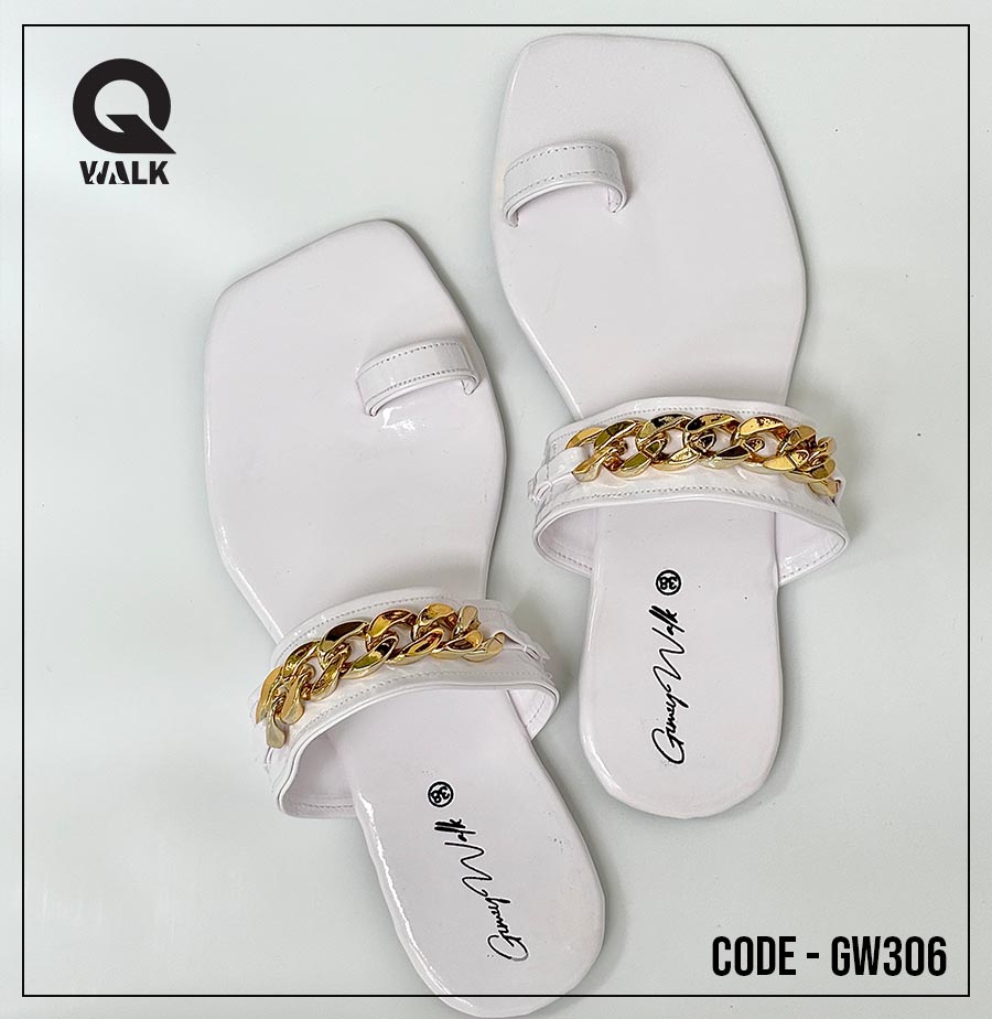 White Color Flat Slipper with Gold Chain Strap| GW306