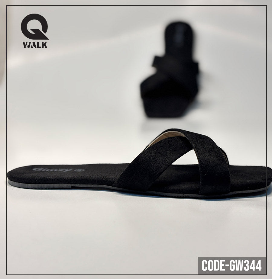 Black Color Slipper with Cross Strap Flats | GW344