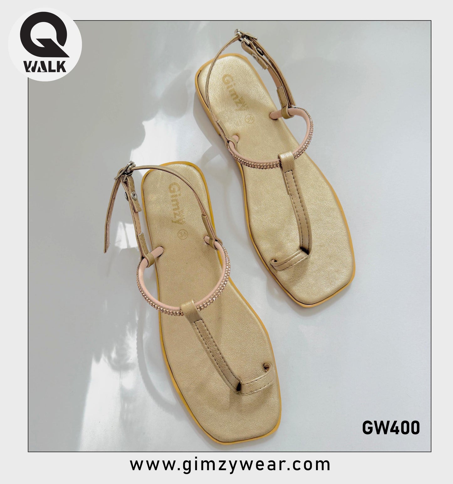 Dull Gold Color Flat Slipper with Stone Strap | GW400