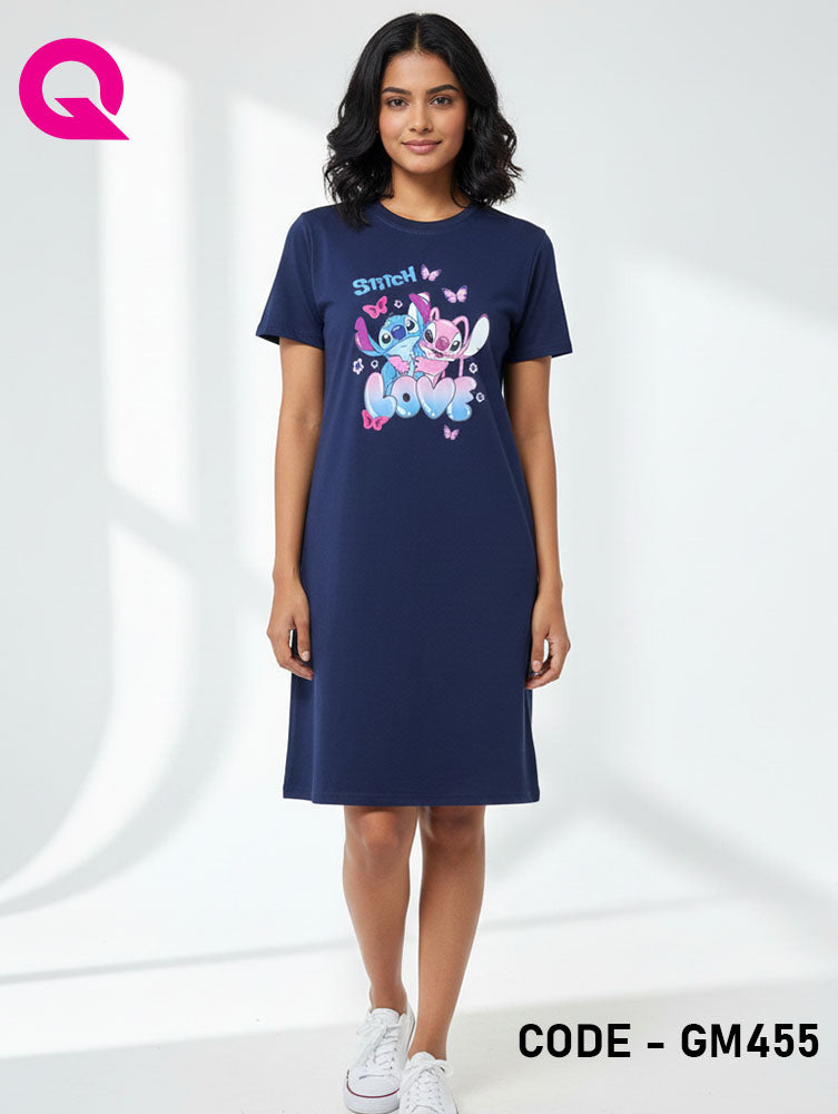 Navy Blue Color T Shirt Dress With Print | GM455