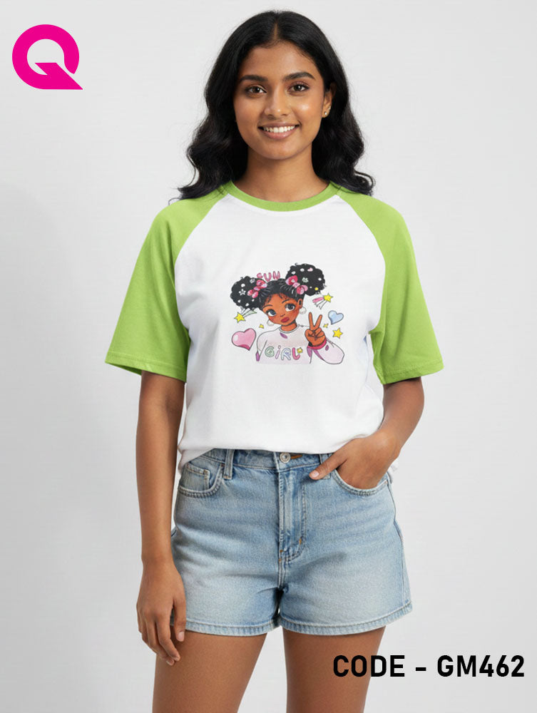 White Color & Apple Green Sleeve T Shirt | GM462