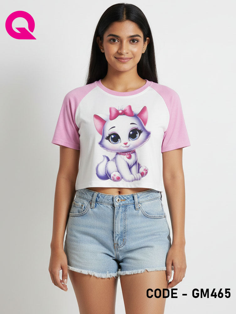 White Color & Baby Pink Sleeve Crop Top | GM465