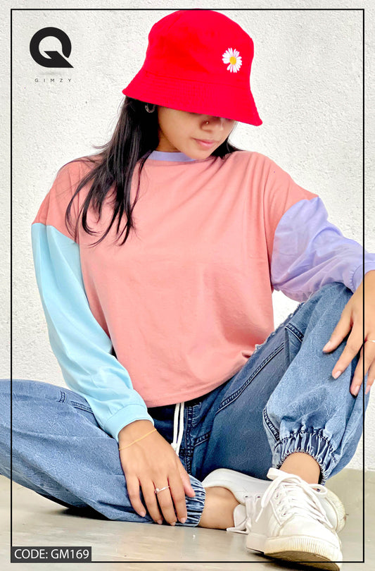 Drop Shoulder Oversized Long Sleeve Multi Color Short T Shirt | GM169