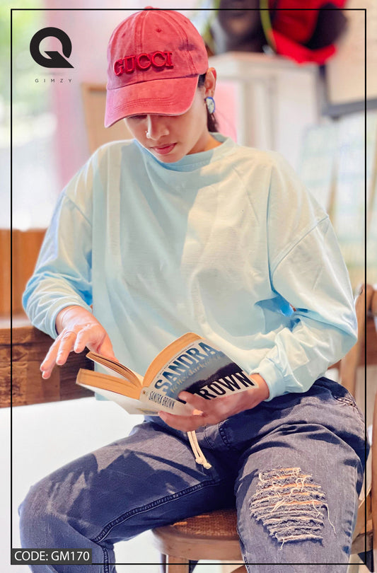 Drop Shoulder Oversized Long Sleeve Light Blue Color Short T Shirt | GM170