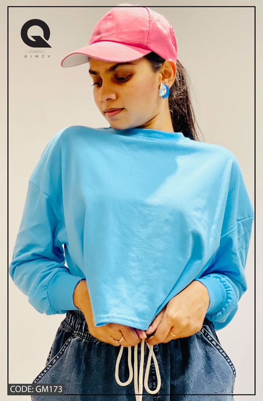 Drop Shoulder Oversized Long Sleeve Sky Blue Color Short T Shirt | GM173