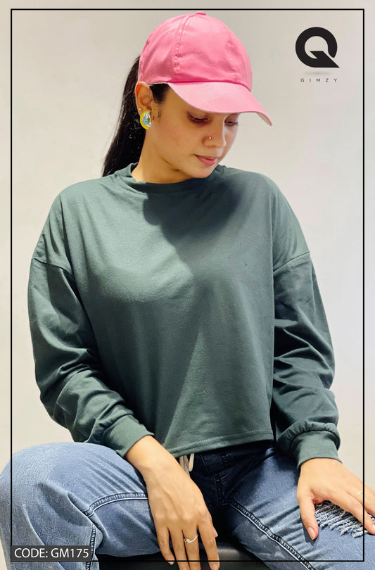 Drop Shoulder Oversized Long Sleeve Army Green Color Short T Shirt | GM175