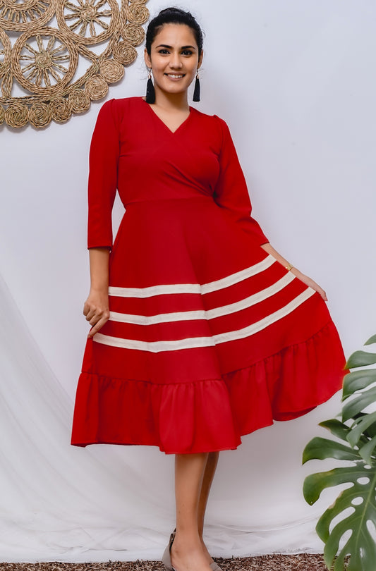 Red Color Cross Neck with Trippel Line Flared Skirt Dress