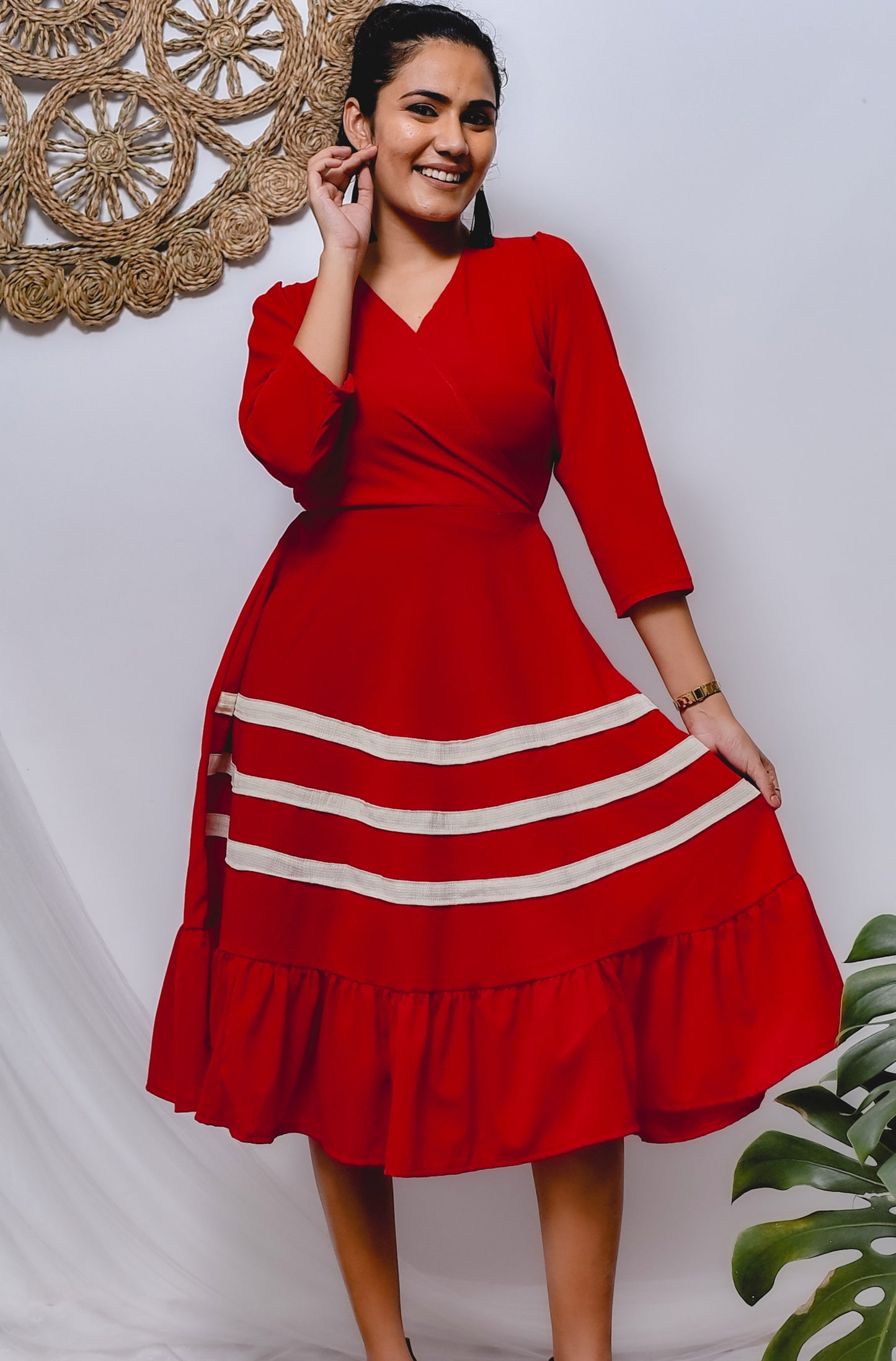 Red Color Cross Neck with Trippel Line Flared Skirt Dress