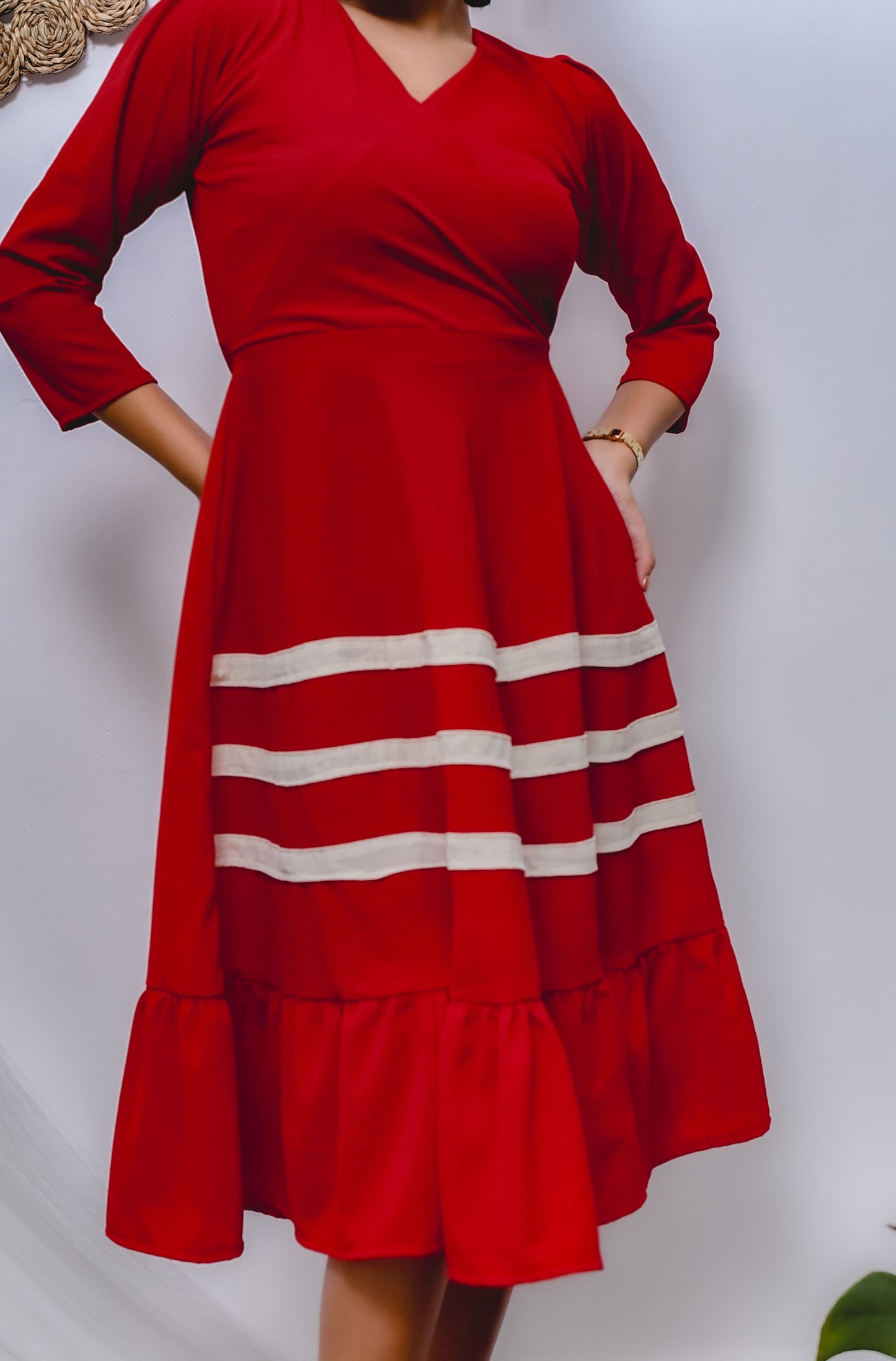Red Color Cross Neck with Trippel Line Flared Skirt Dress