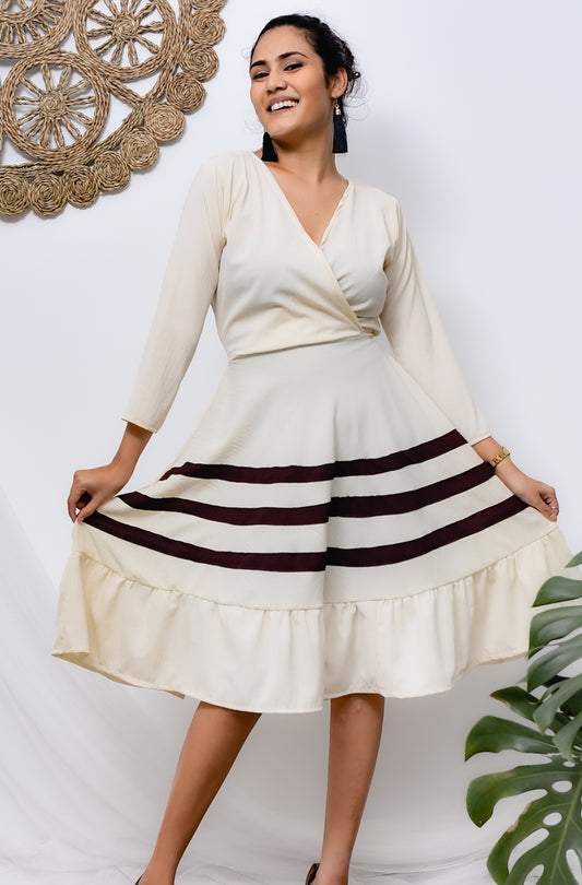 Off White Color Cross Neck with Trippel Line Flared Skirt Dress