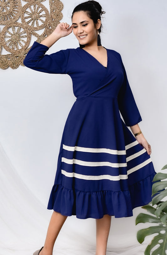 Navy Blue Color Cross Neck with Trippel Line Flared Skirt Dress