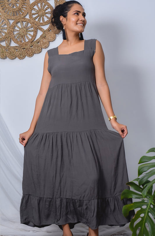 Dark Grey Color Tiered Maxi Dress