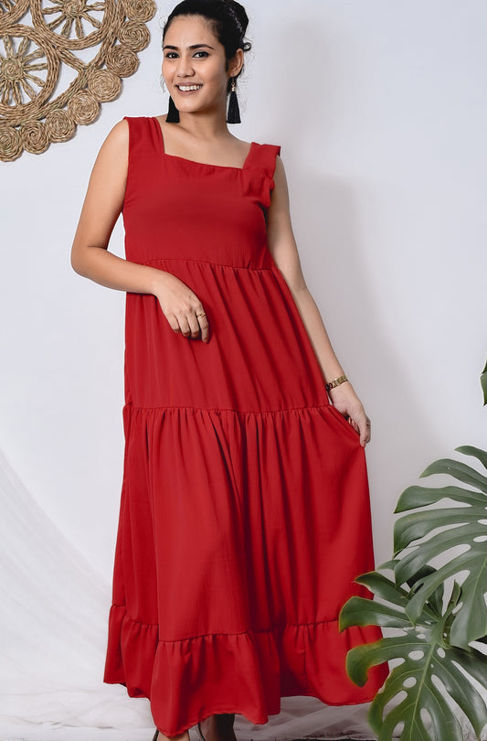 Red Color Tiered Maxi Dress