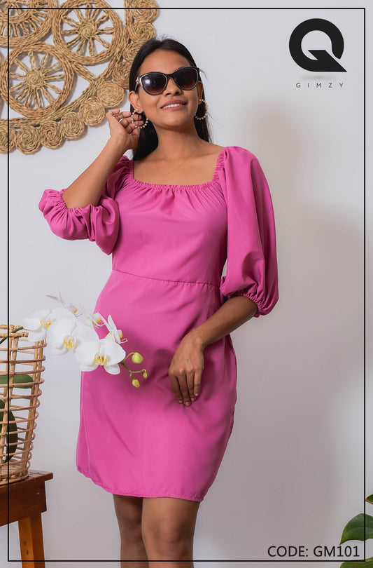 Pink Color Puff Sleeve Short Dress | GM101