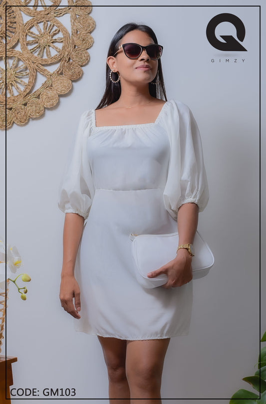 White Color Puff Sleeve Short Dress | GM103