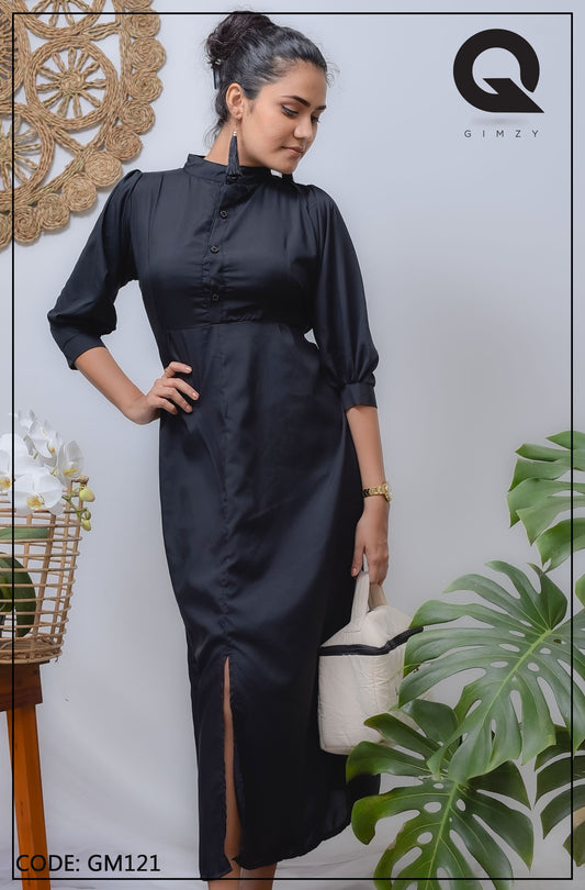 Black Front Buttoned High Neck Maxi Dress | GM121