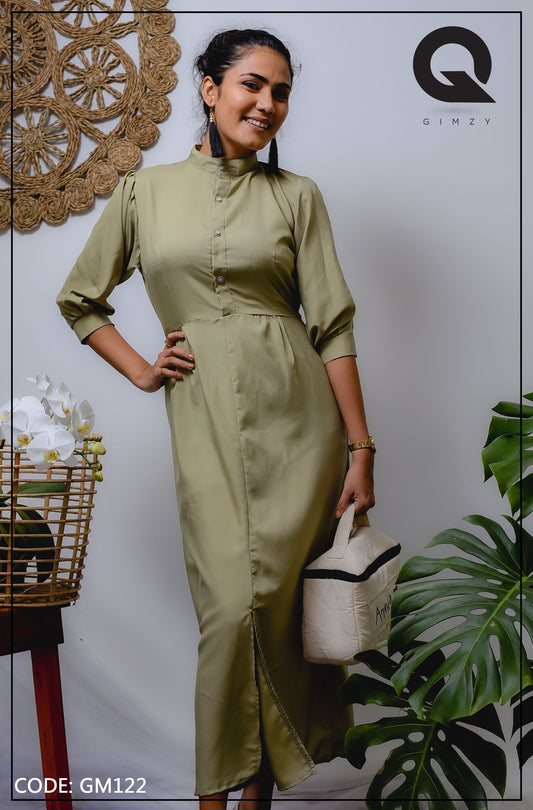 Olive Green Front Buttoned High Neck Maxi Dress | GM122