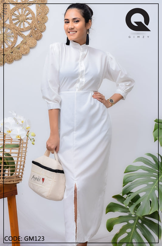 White Front Buttoned High Neck Maxi Dress | GM123