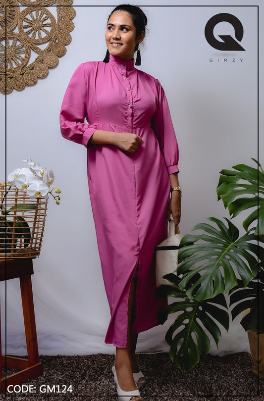 Pink Front Buttoned High Neck Maxi Dress | GM124
