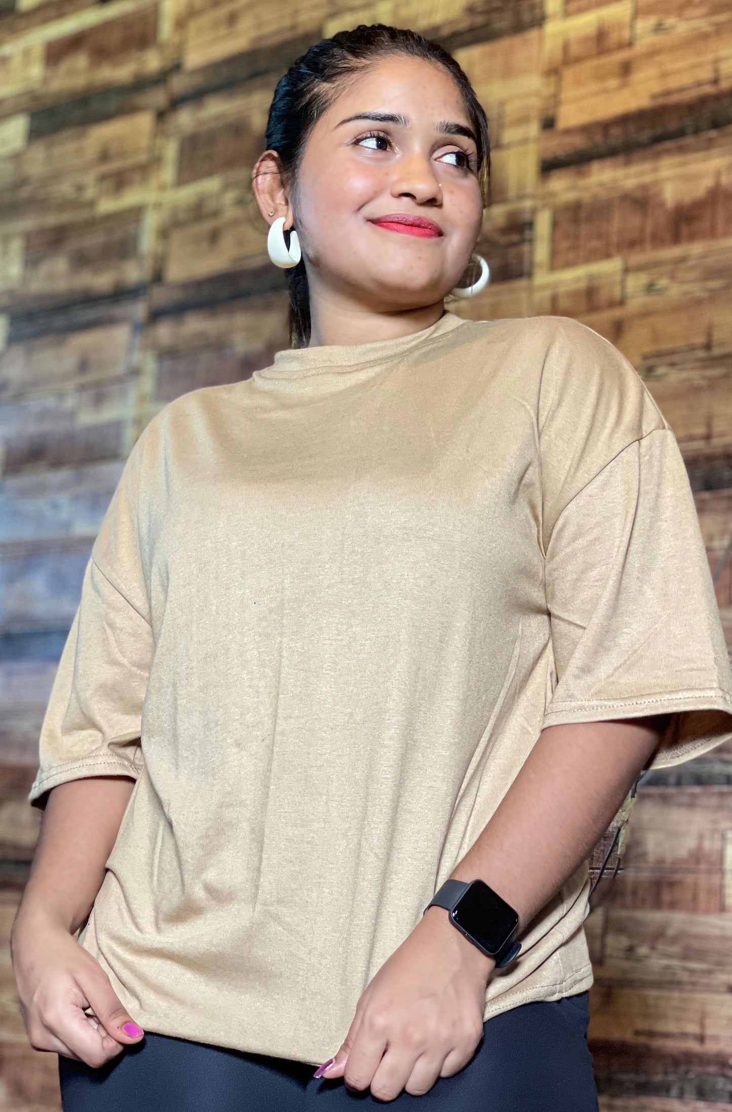 Drop Shoulder Oversized Beige Color T Shirt | GM186