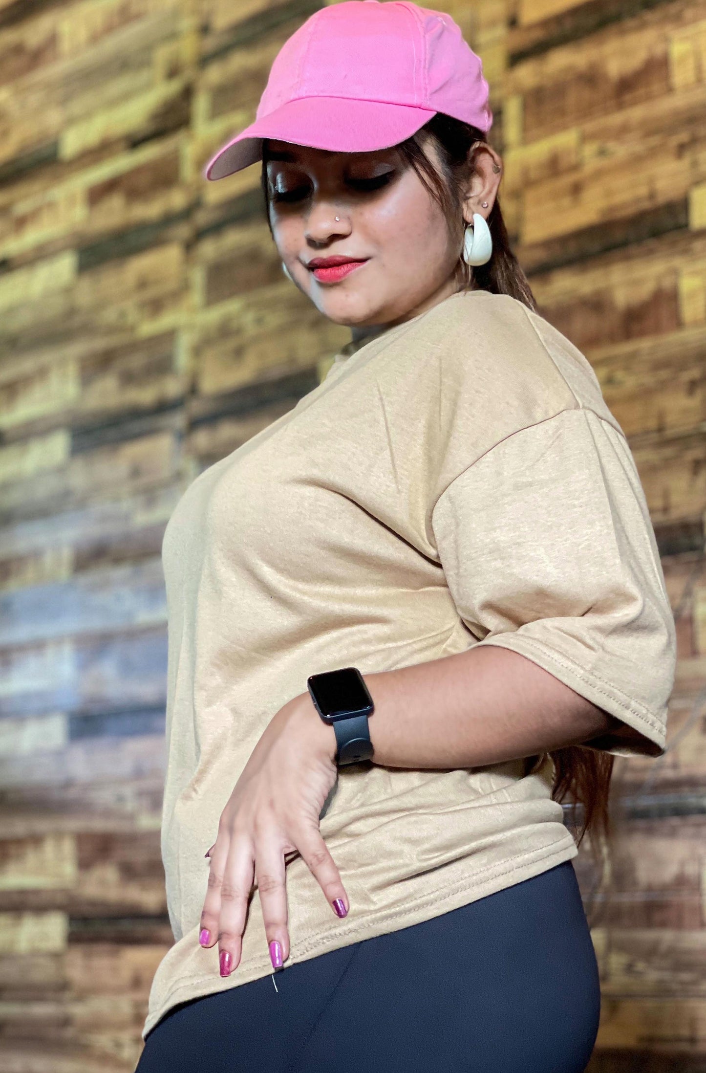 Drop Shoulder Oversized Beige Color T Shirt | GM186