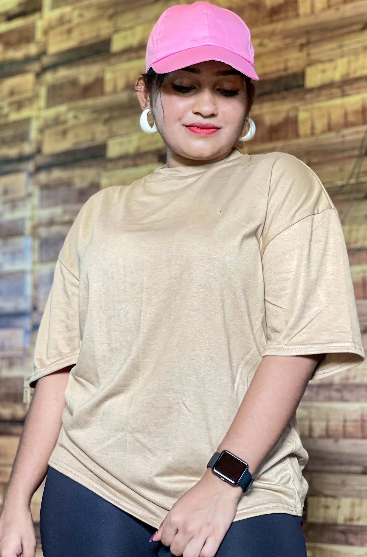 Drop Shoulder Oversized Beige Color T Shirt | GM186
