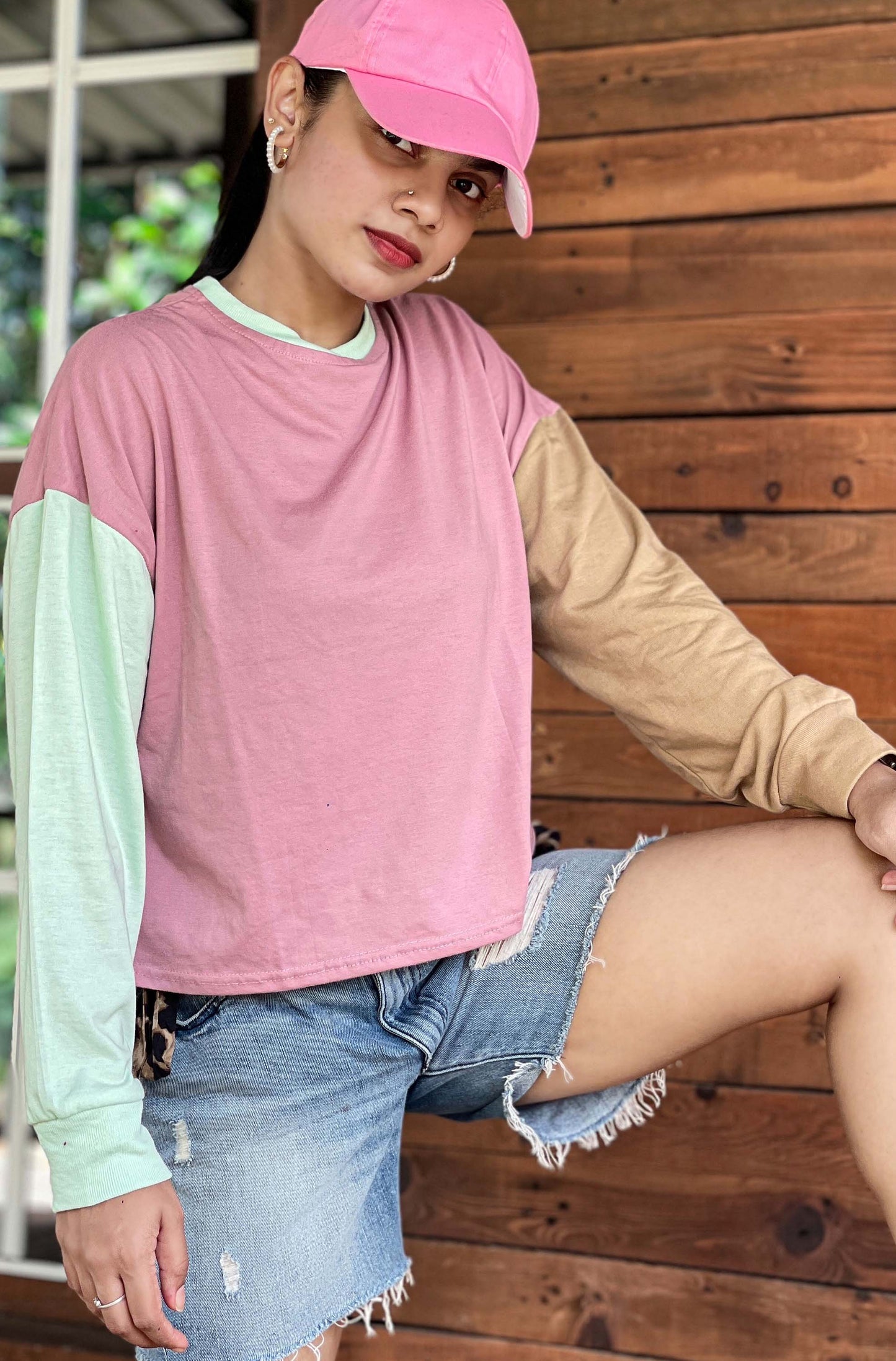 Drop Shoulder Oversized Long Sleeve Multi Color Short T Shirt | GM187
