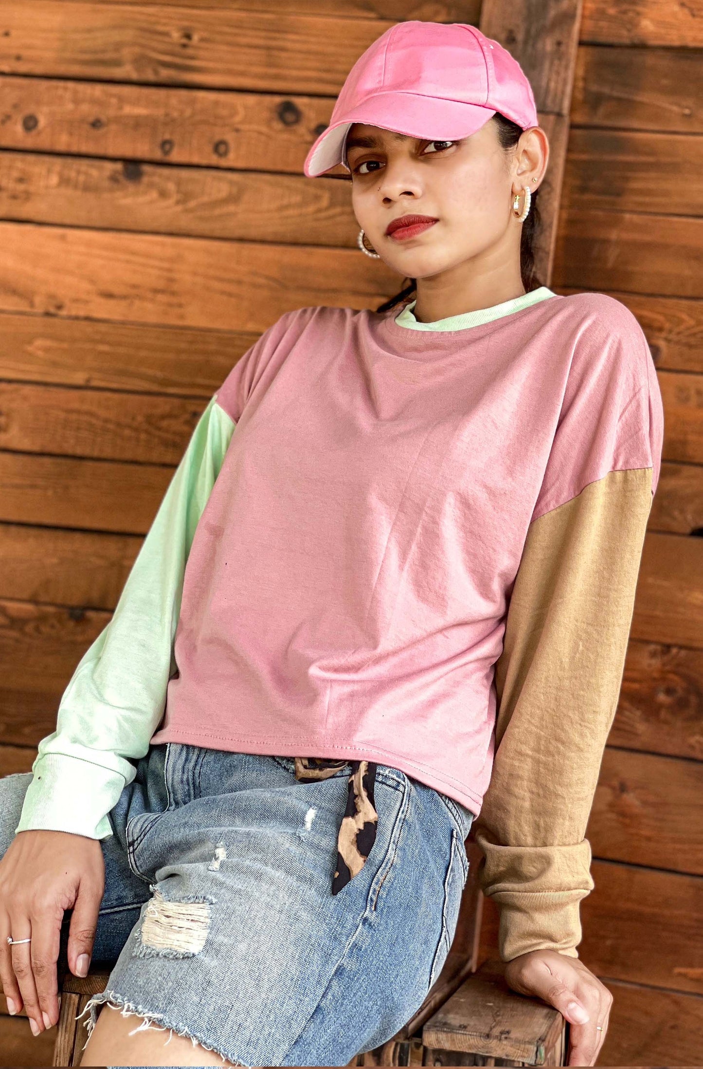 Drop Shoulder Oversized Long Sleeve Multi Color Short T Shirt | GM187