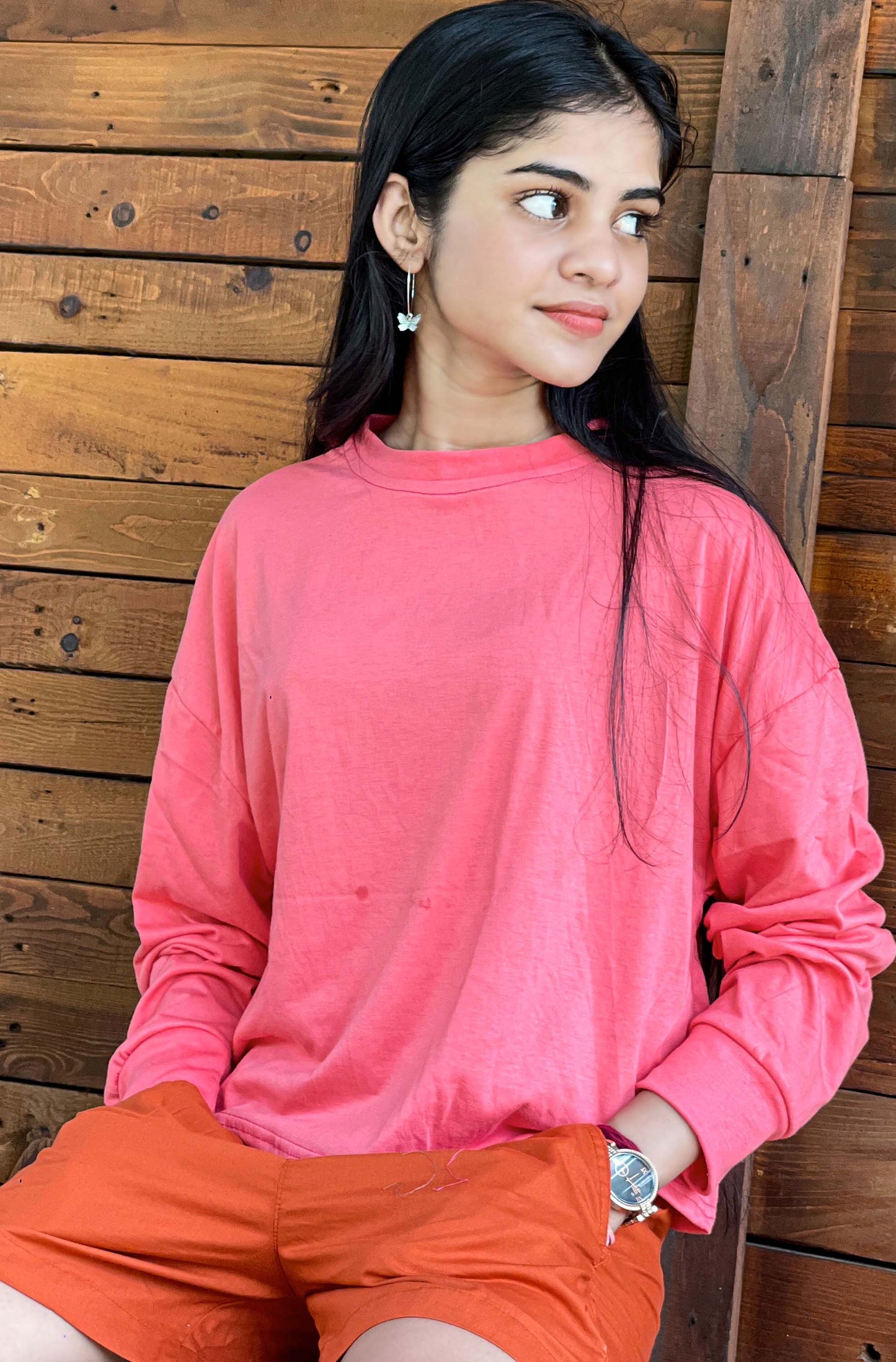 Drop Shoulder Oversized Long Sleeve Watermelon Color Short T Shirt | GM190