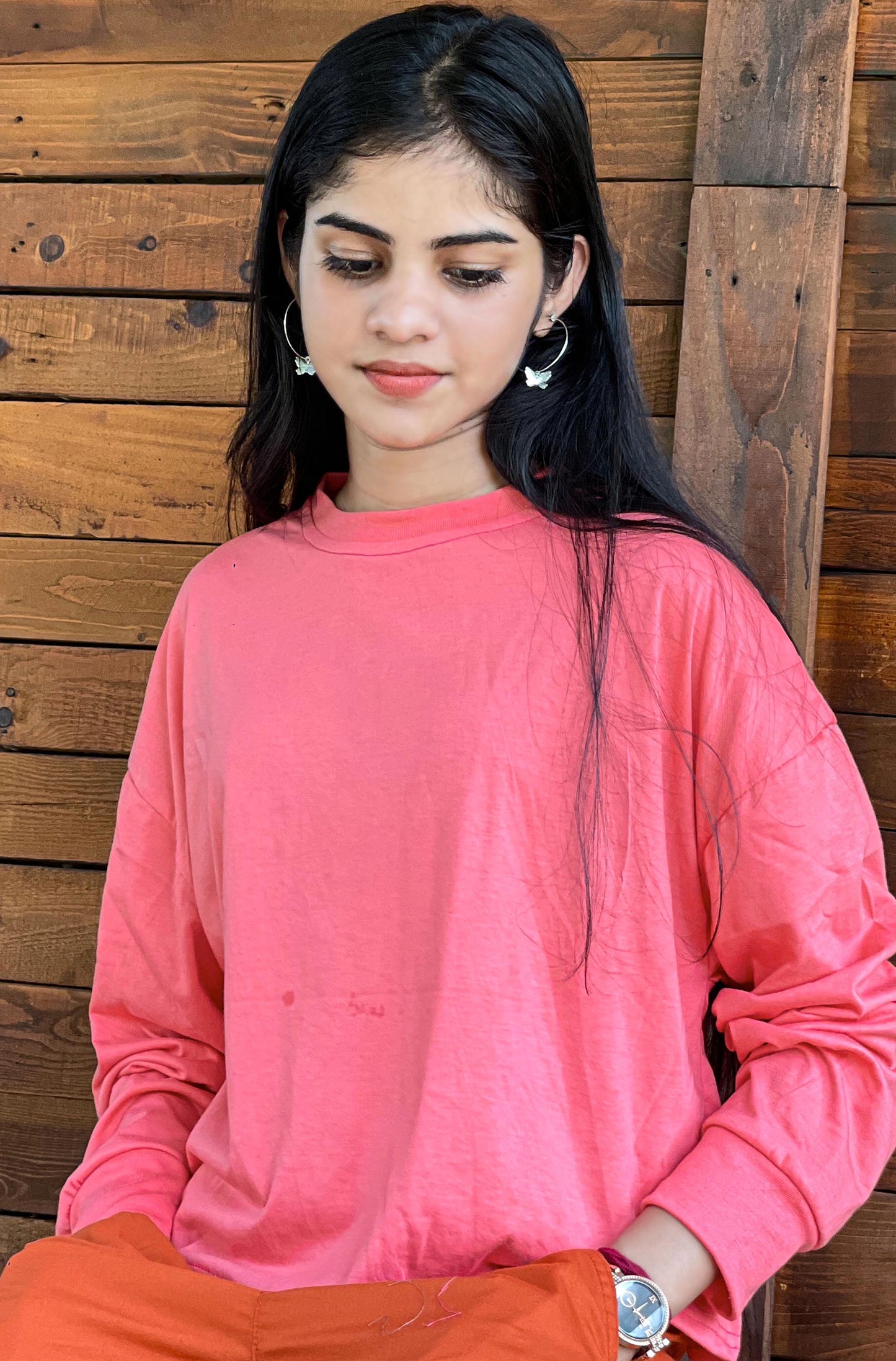 Drop Shoulder Oversized Long Sleeve Watermelon Color Short T Shirt | GM190