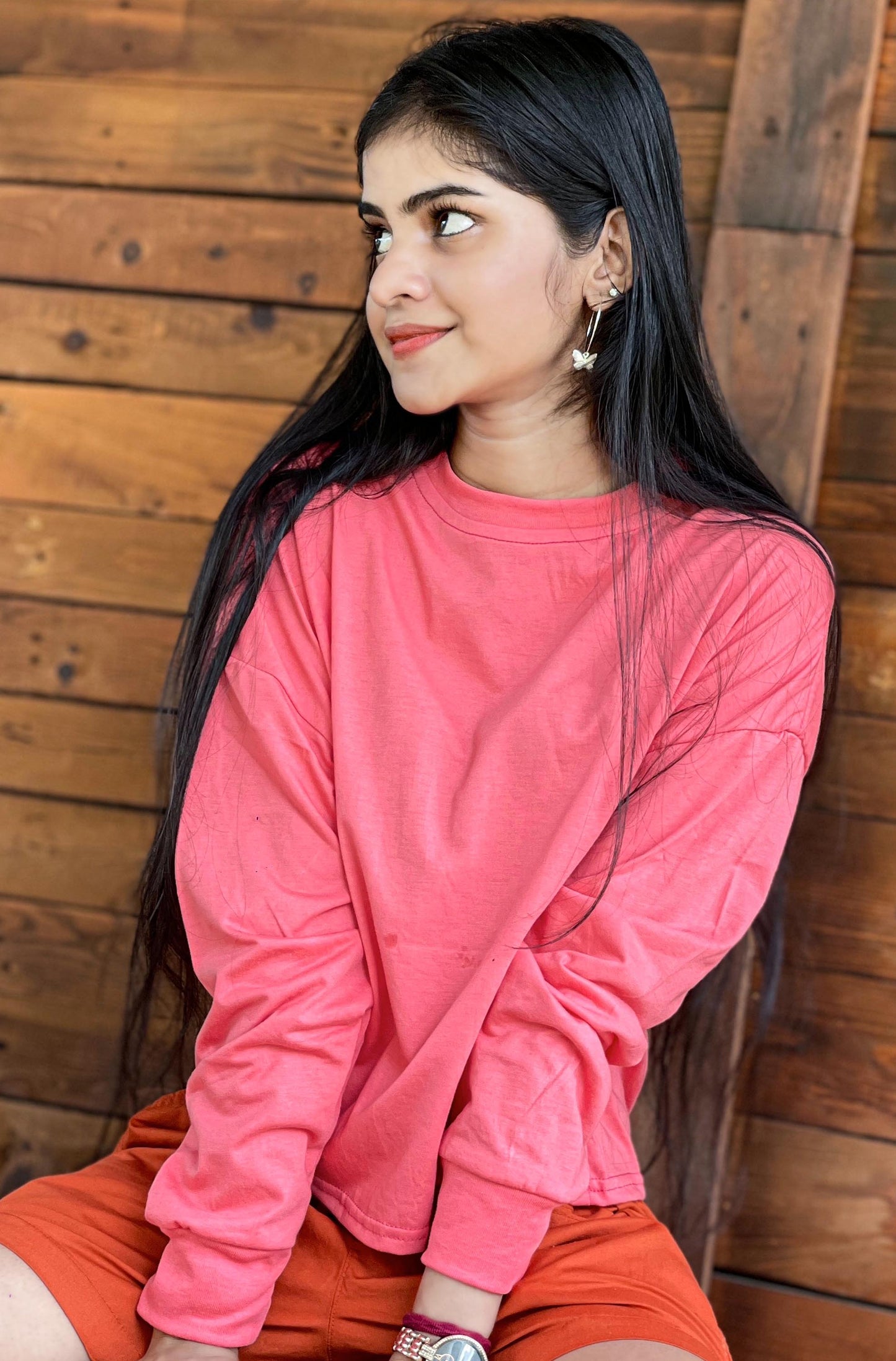 Drop Shoulder Oversized Long Sleeve Watermelon Color Short T Shirt | GM190