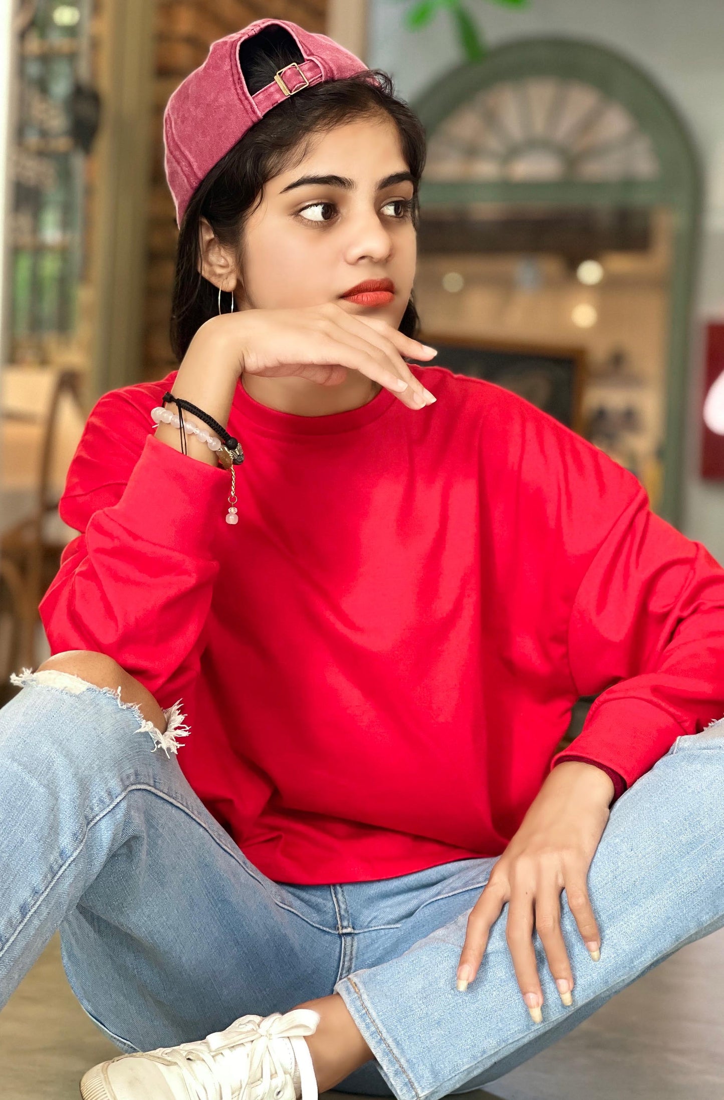 Drop Shoulder Oversized Long Sleeve Red Color Short T Shirt | GM195