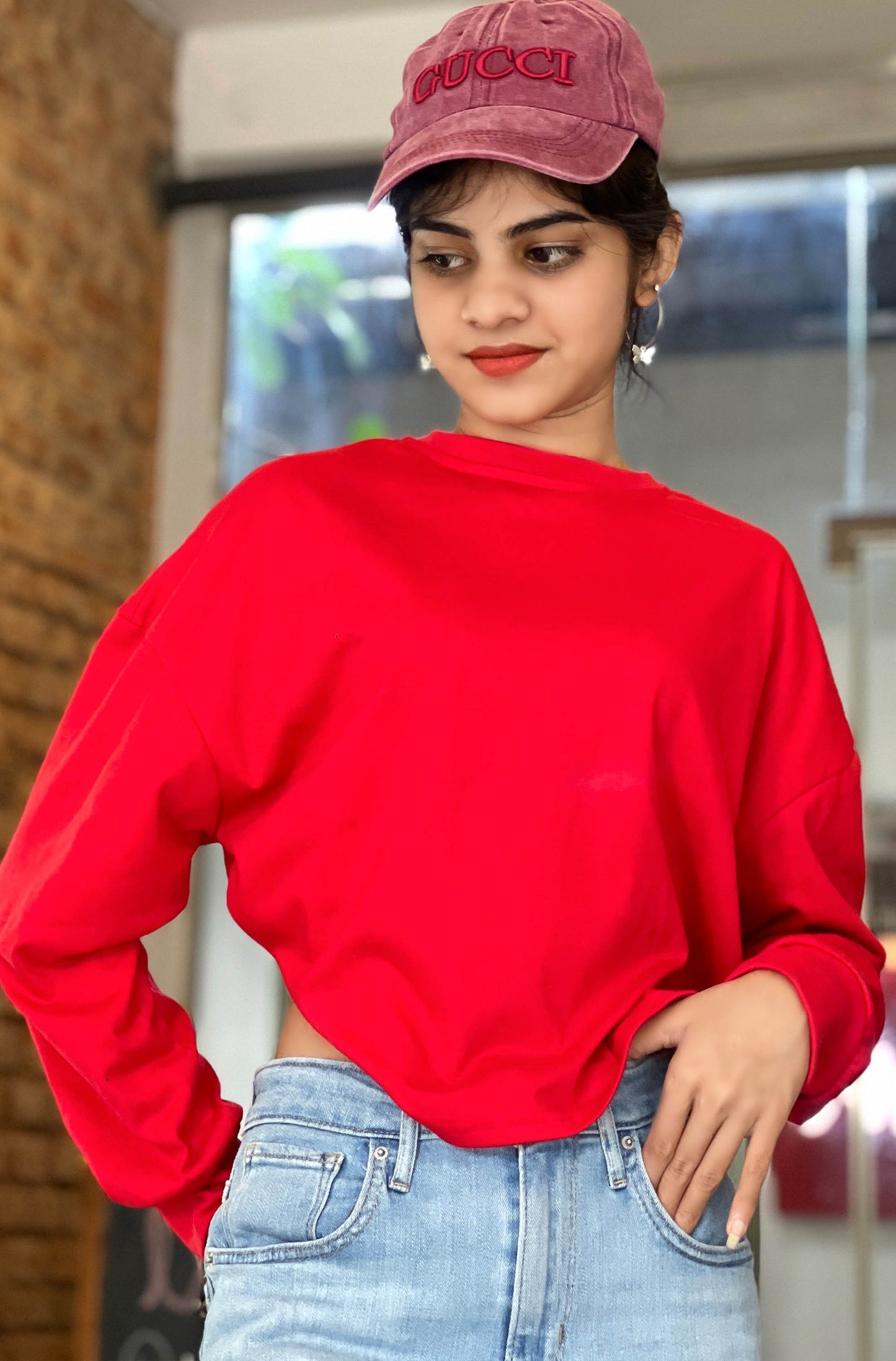 Drop Shoulder Oversized Long Sleeve Red Color Short T Shirt | GM195